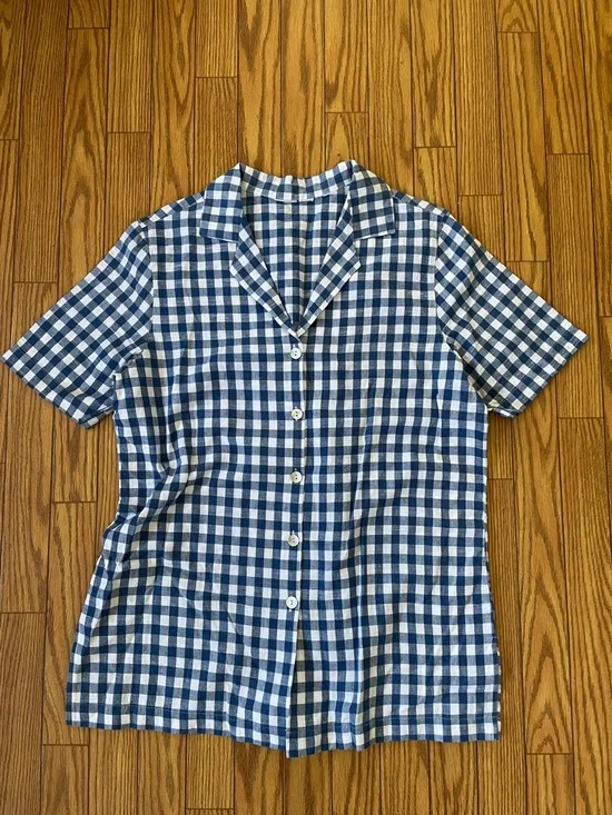 Vintage blue gingham cotton button up collared short sleeve tee size M - Picture 1 of 6